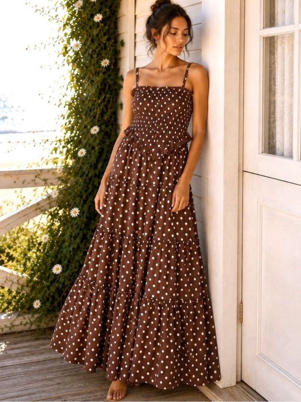 Anthropologie Meadow Rhodes Brown Polka Dot Tiered Ruffle Maxi Dress